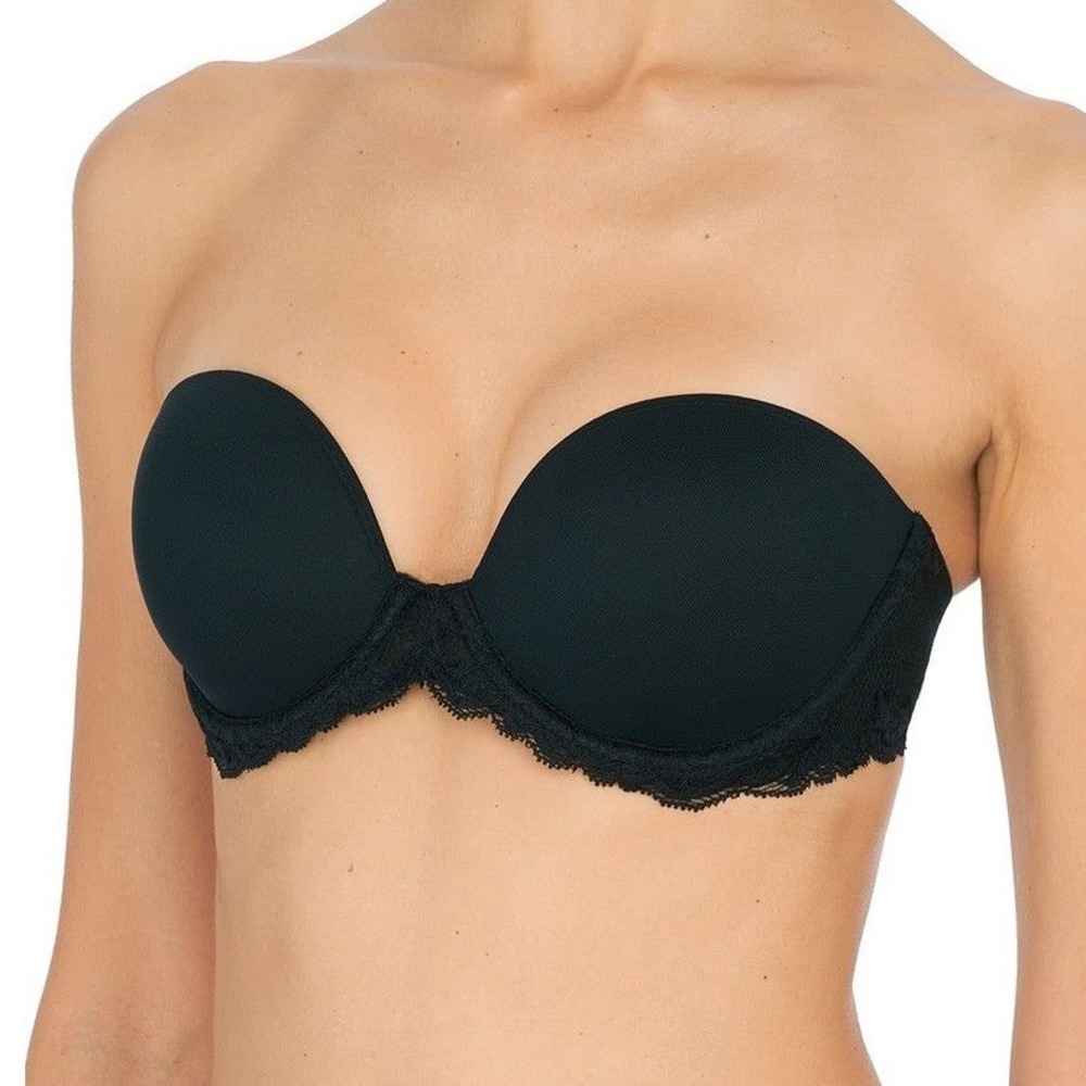Natori‎ Feathers Strapless Bra Black Lace Molded Plunge Underwire 36D NO STRAPS